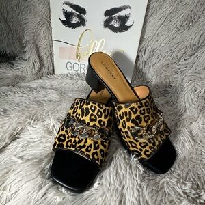 Lisa Vicky Magnetic3V Calf Hair Leopard Print Black Platform Mule Heels 8M NWOT